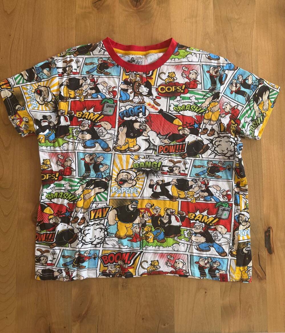 Trouble Maker Popeye Cartoon Comic Strip All Over Print Ringer T-Shirt Size XL
